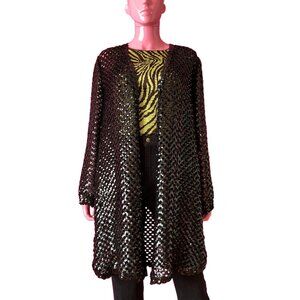 Vintage 80s M/L Cardigan Black Sequin Edith Flagg Etc Checkerboard Crochet Knit